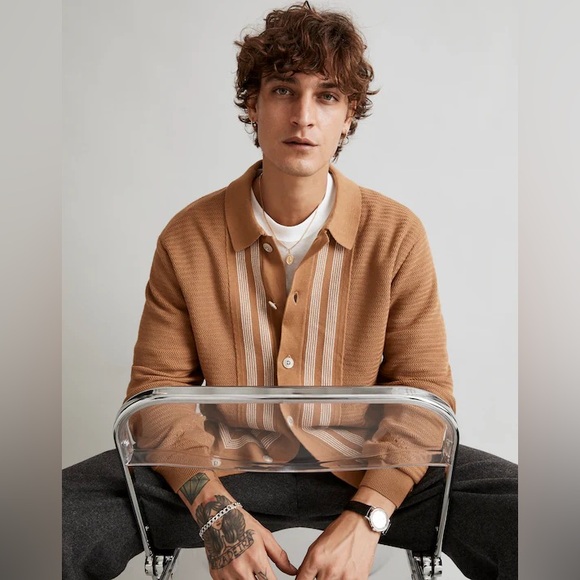 NWOT Madewell Button-Up Long-Sleeve Sweater Polo - Medium - Tan & Green - Picture 5 of 8